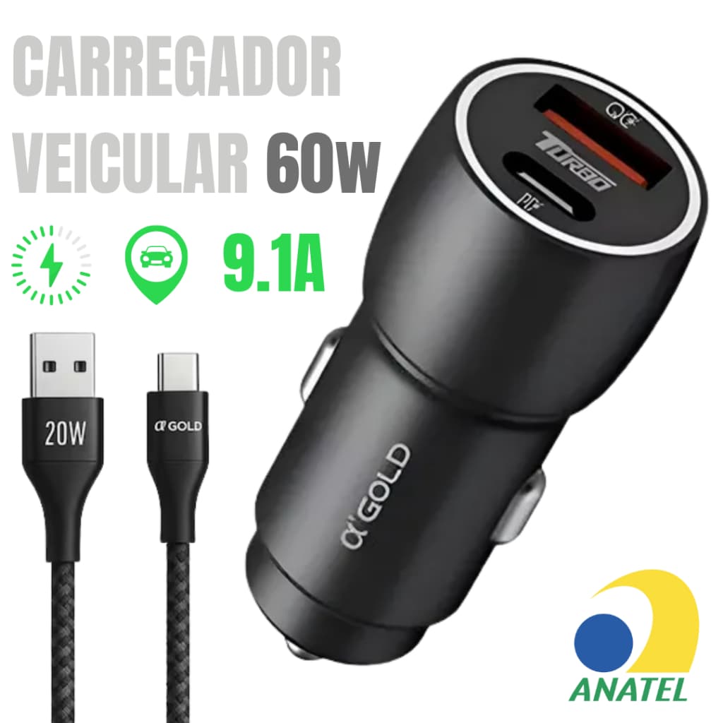Carregador Veicular Turbo 60W USB-C IOS USB Universal Alumínio