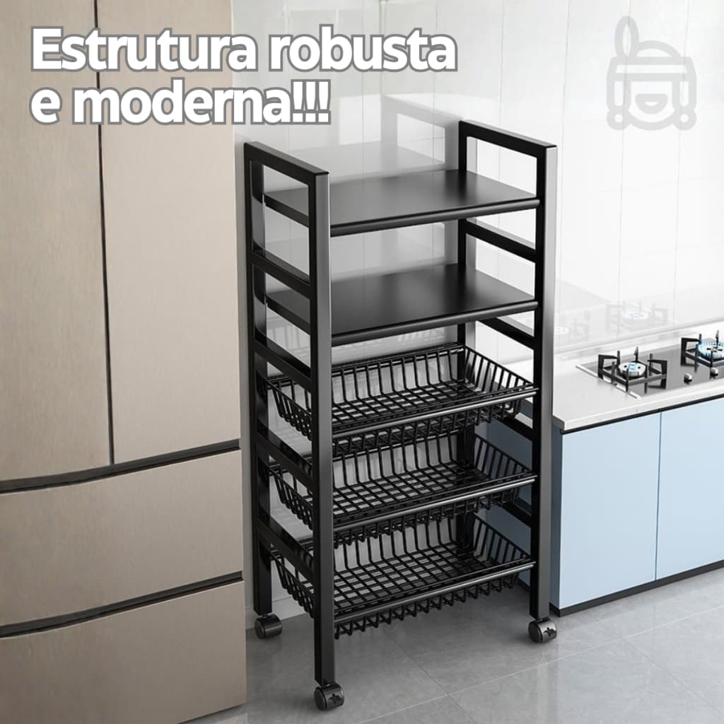 Fruteira Estante Organizador Multiuso em Aço Metal com Cestos e Rodinha