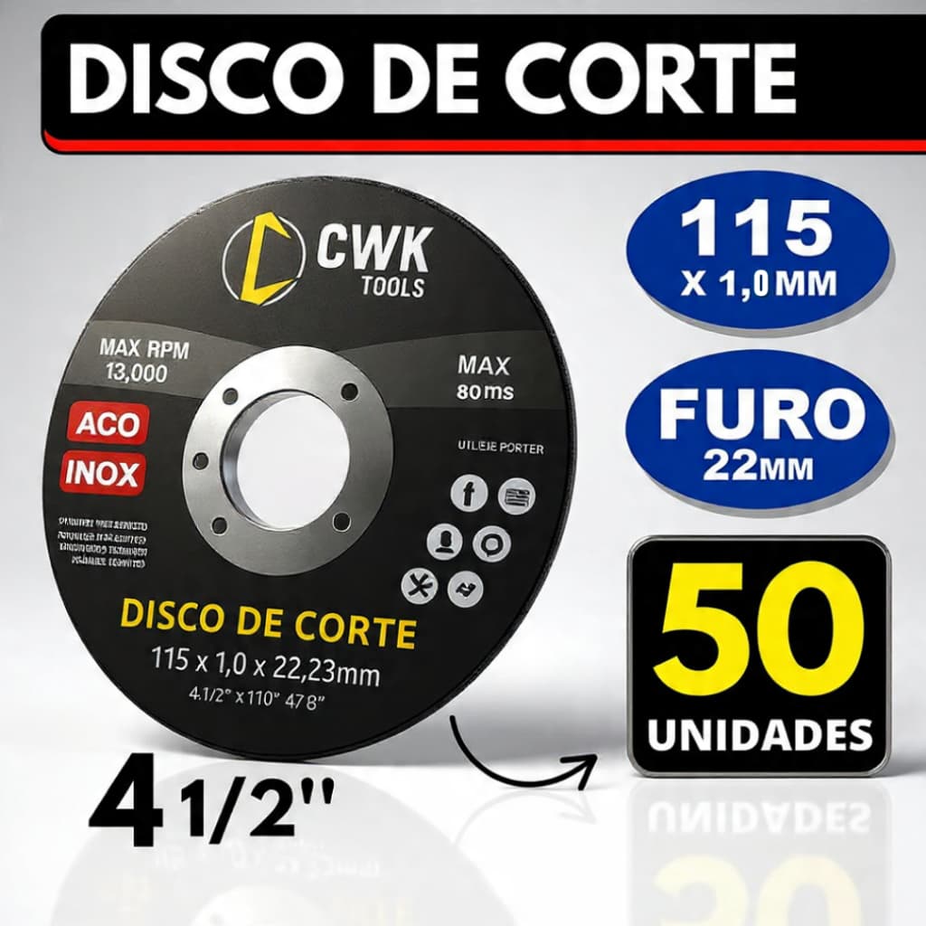 Kit 50 Disco de Corte Pequeno e Fino em Aço Inox 4.1/2"  Para Esmerilhadeira Lixadeira 115x22x1,0mm