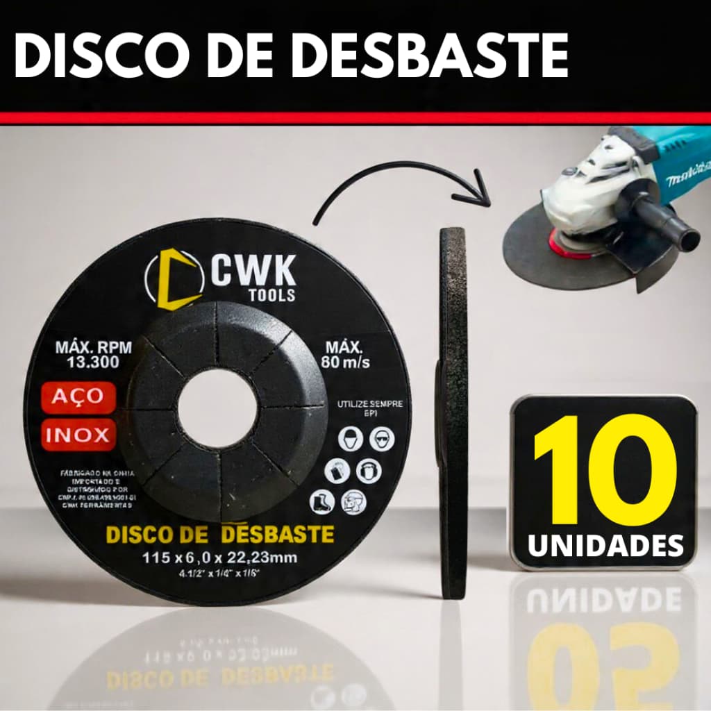 Kit 10 Disco de Desbaste  Lixadeira Esmerilhadeira Ferro Aço Inox Metal 4" polegadas 115x22mm