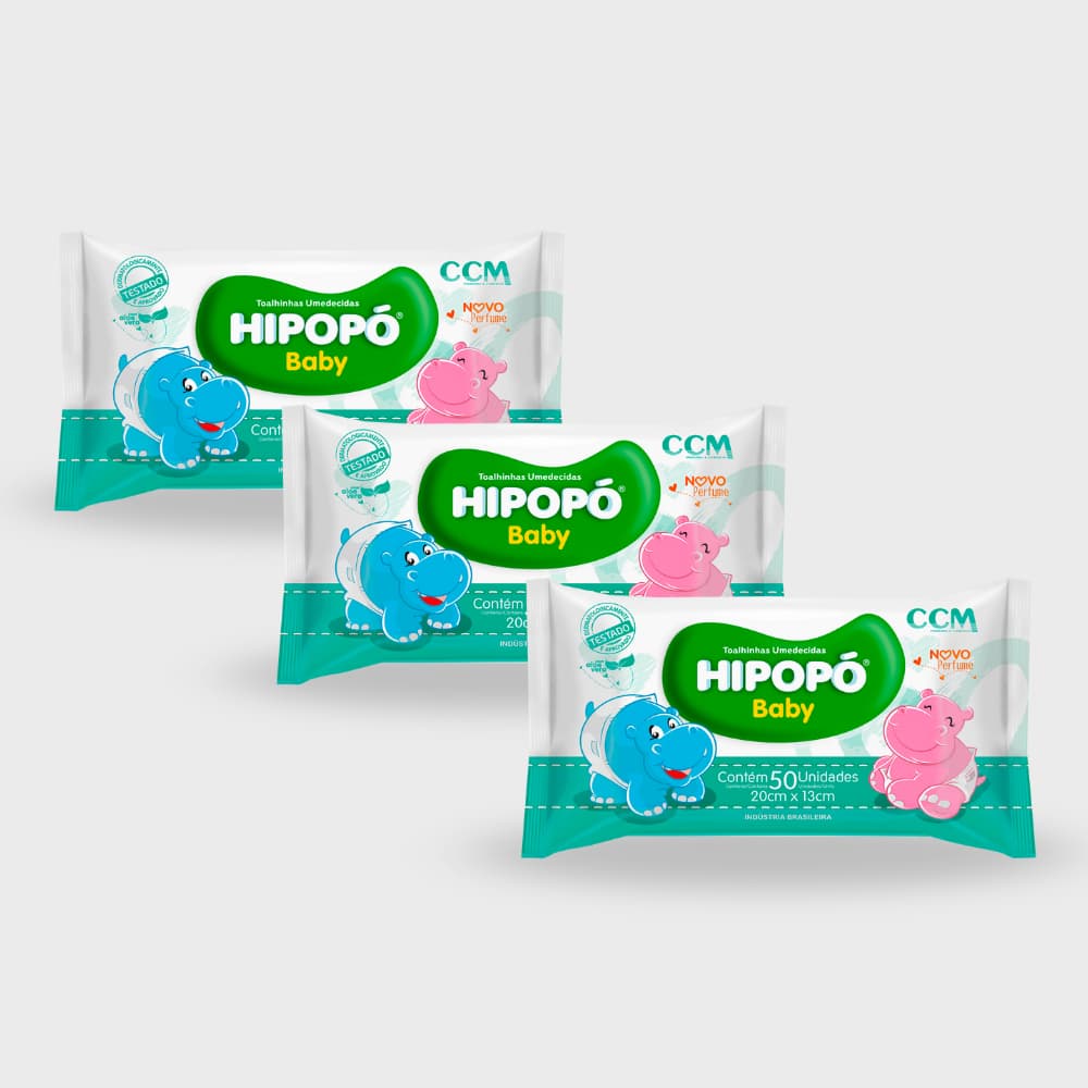 Kit Toalha Lenços Umedecidos Infantil Hipopó Baby C/150 unidades 3 Pacotes