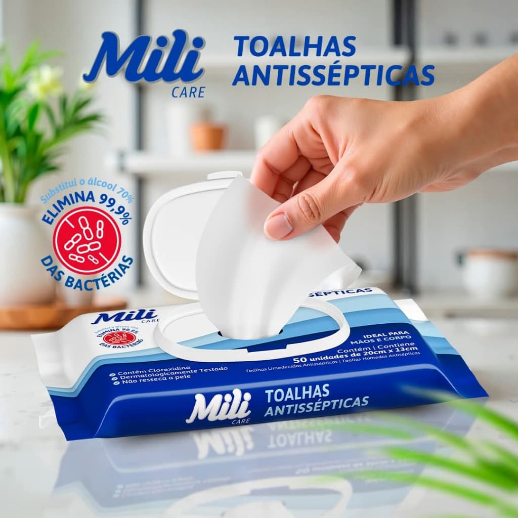 Kit C/3, 6 ou 12 Pcts Lenços Toalhas Umedecidas Antissépticas Mili Elimina 99,9 % das Bactérias