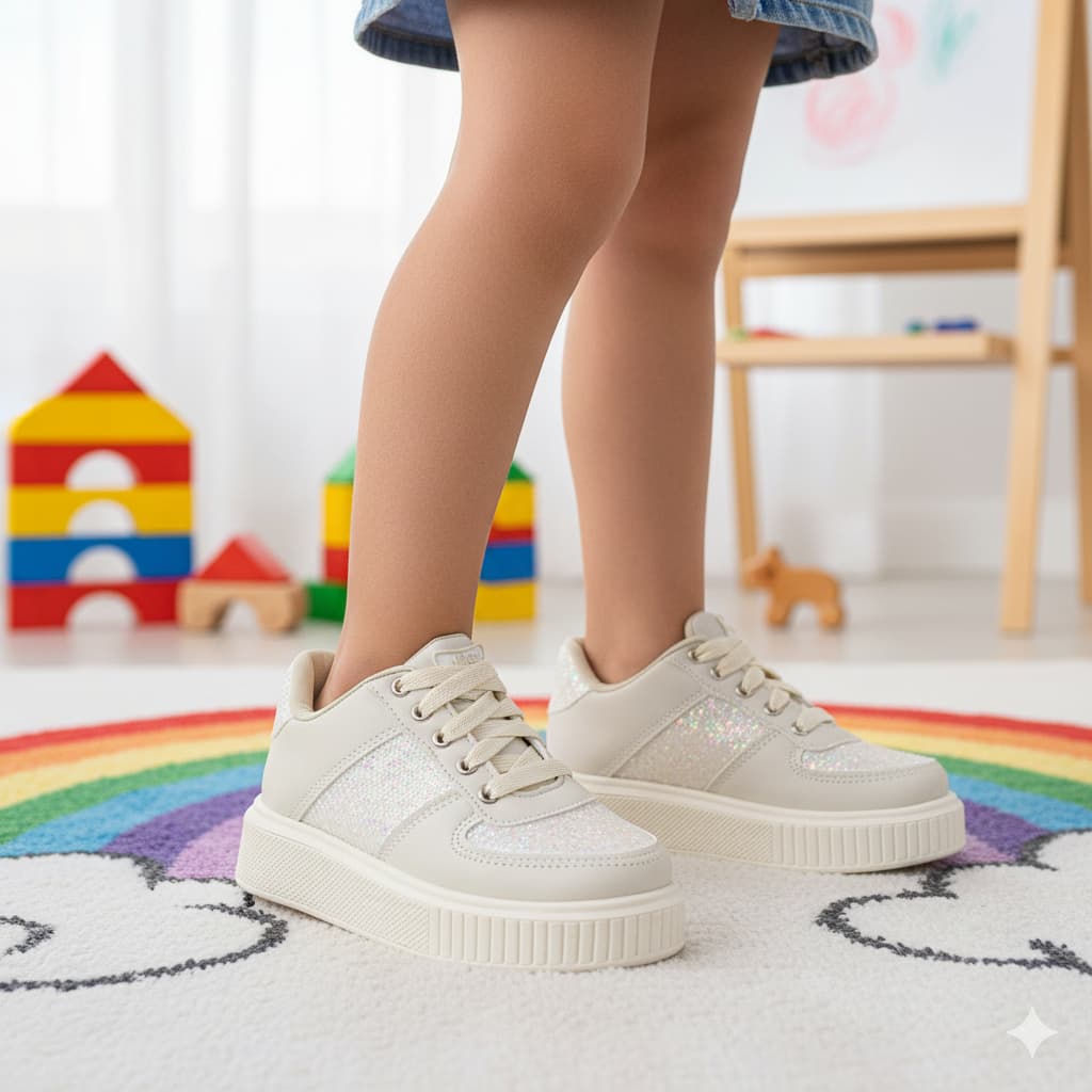 Tênis Infantil Casual Feminino Escolar Menina Confortável e Macio Off White com Glitter Moda Kids