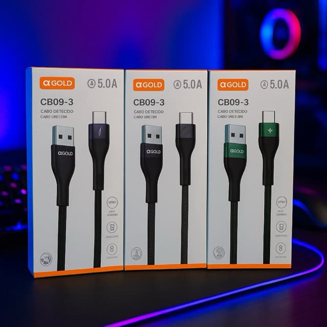 Kit 3 Cabos USB Tipo-C 5A Turbo Trançado Reforçado Preto Verde Cinza Carregamento Rápido Original