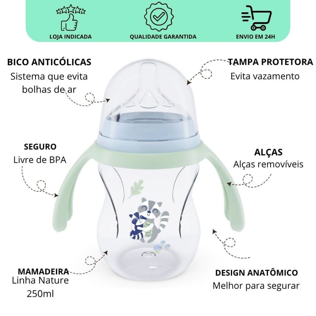 Mamadeira infantil bebê menino 250ml – Bico de Silicone Anticólica +2m, Alças, e Tampa Antivazamento