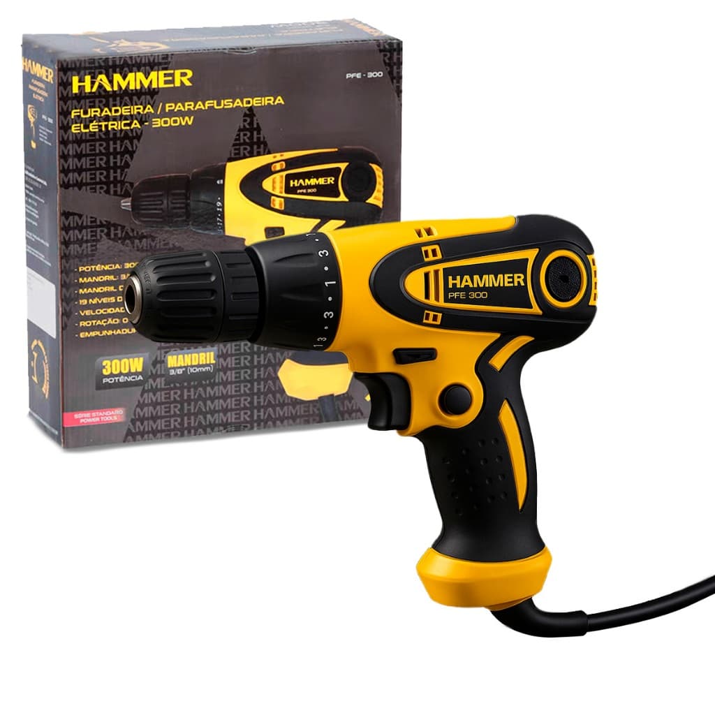 Furadeira Parafusadeira Elétrica Mandril 3/8” 10mm  Aperto Rápido GYPFE300 300W Da Hammer