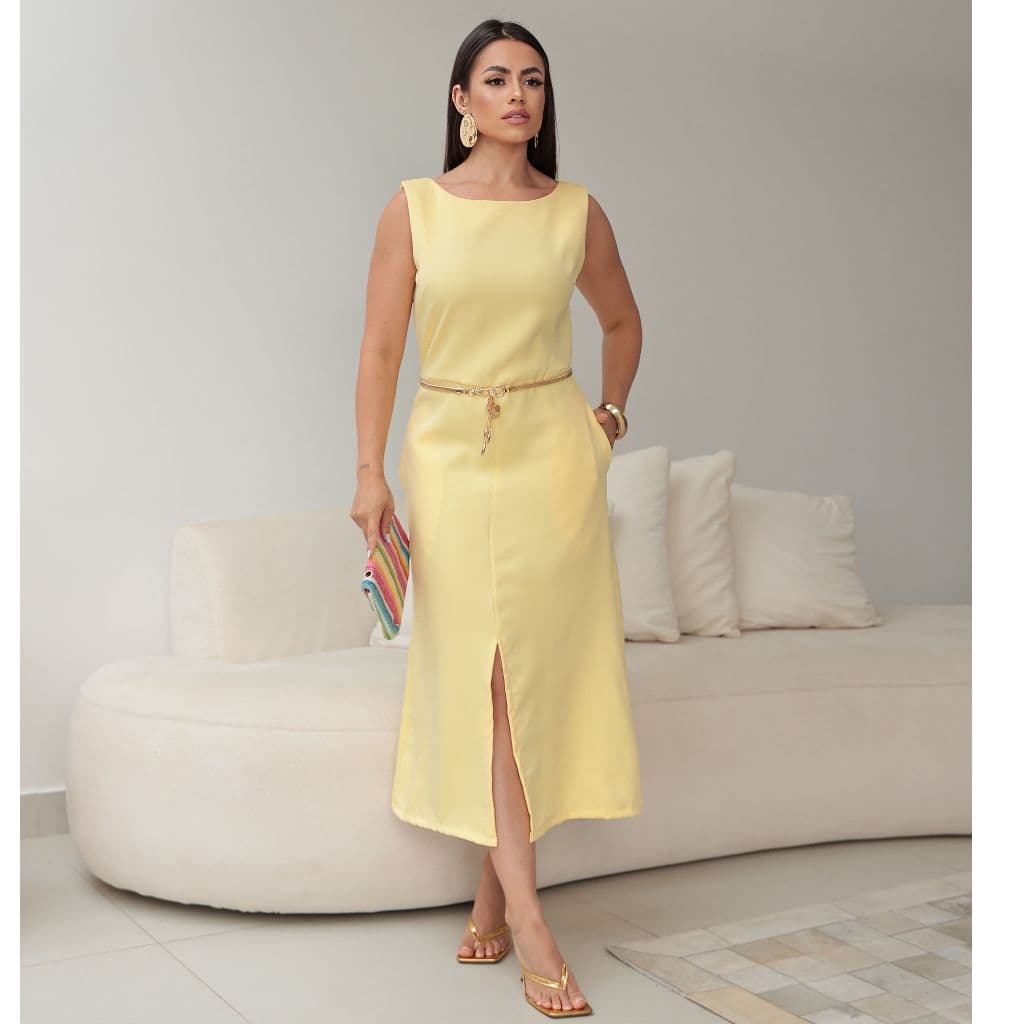 Vestido Feminino Midi Alfaiataria Alças Largas Bolsos e Fenda Sofisticada Festas