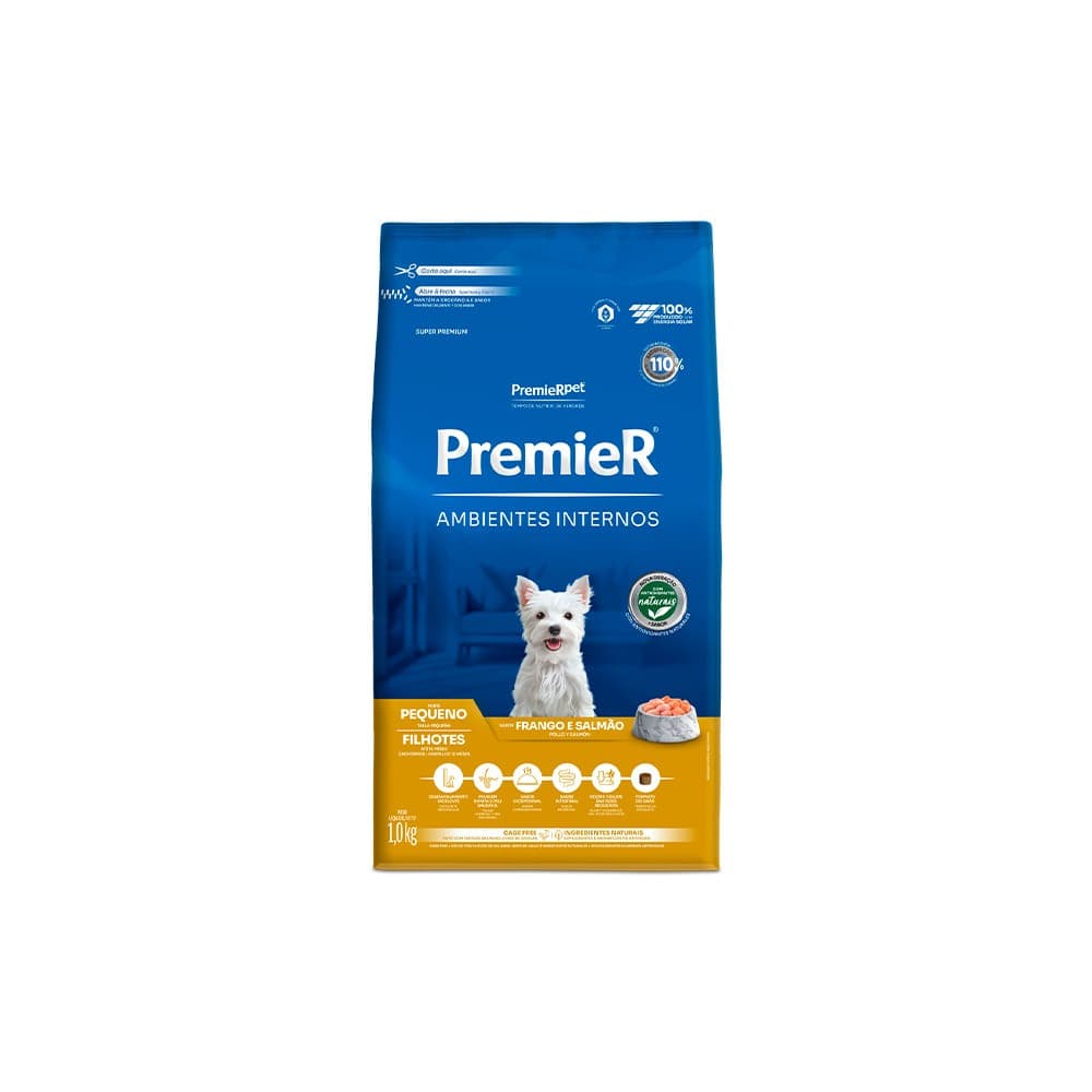 Ração Pet Ambientes Internos Cães Filhotes Frango e Salmão 1kg Premier