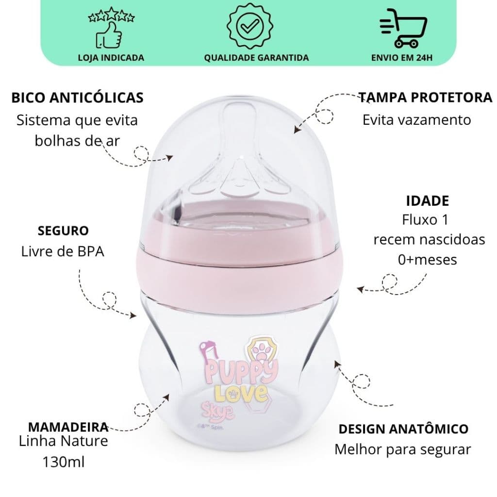 Mamadeira Anticólica Bico Reto Silicone 130ml bebê recem - nascido Patrulha Canina Fluxo 1 0+ Meses