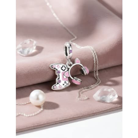 Berloque Para Pingente Prata Compatível Pulseira Mini Videogame Stream Fone Controle Gato Neko Gamer