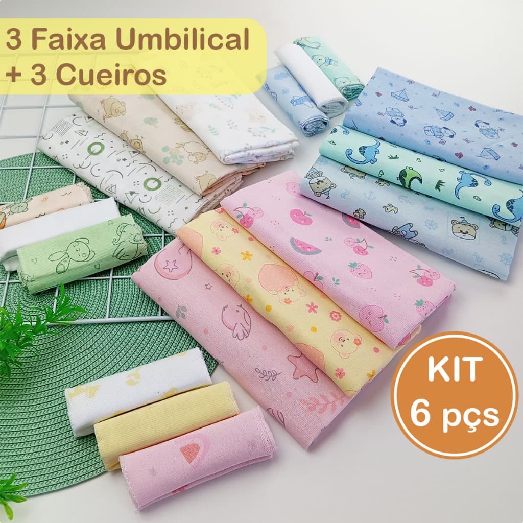 Kit 6 pçs - 3 Cueiros + 3 Faixa de Umbigo Enxoval Maternidade Higiene Bebê Recém Nascido
