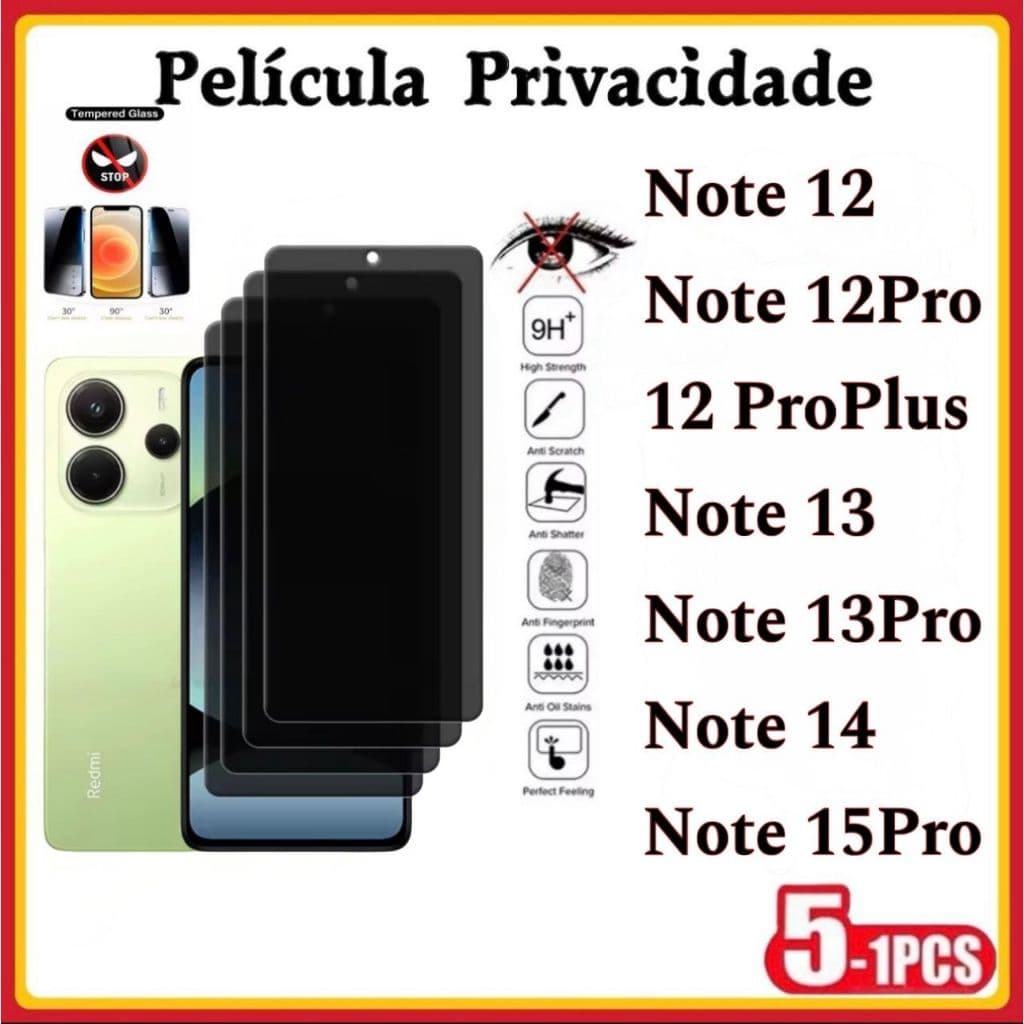 Película Privacidade 3D Vidro Temperado Anti Spy XIAOMI Redmi Note 15Pro Note 14 Note 13 13Pro Note 12 12Pro