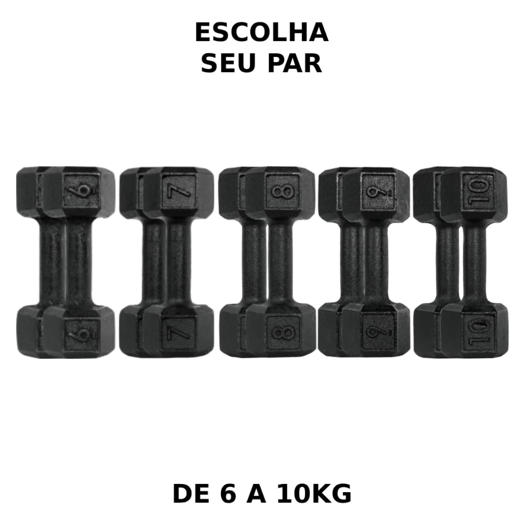 Par de Halter Pintado 6kg a 10kg Sextavado - Peso de Academia Musculação Pesinho Treino Em Casa