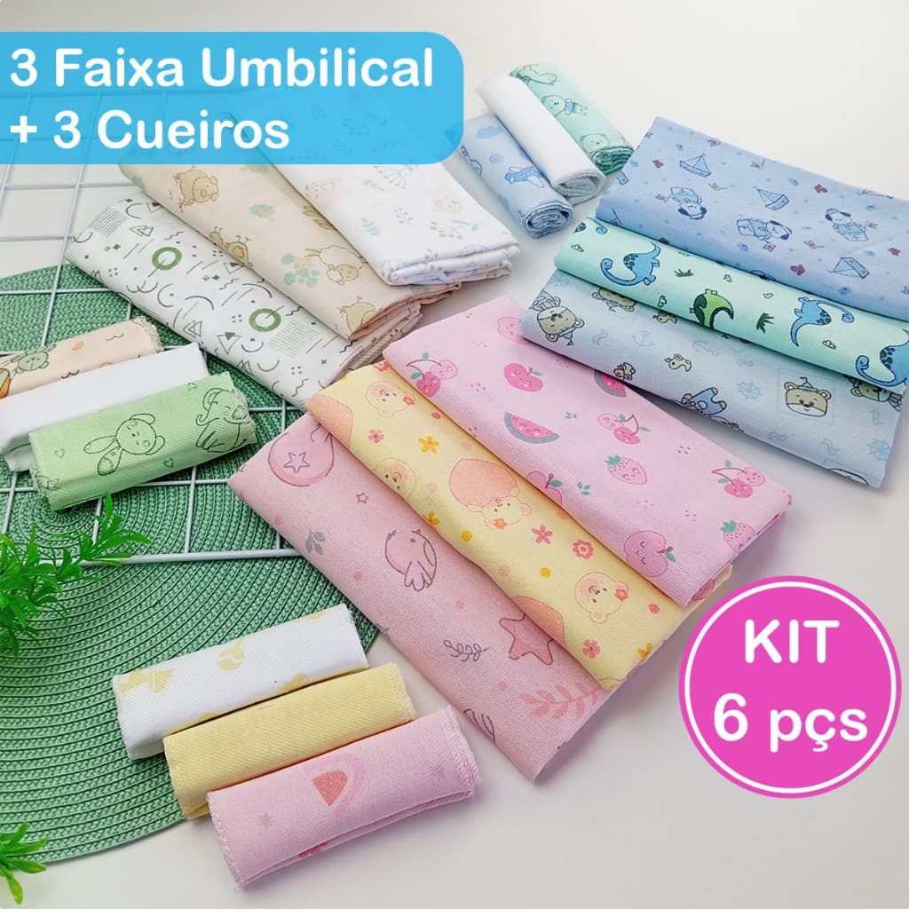Kit 6 pçs 3 Cueiros e 3 Faixa de Umbigo Recém Nascido Enxoval de Maternidade