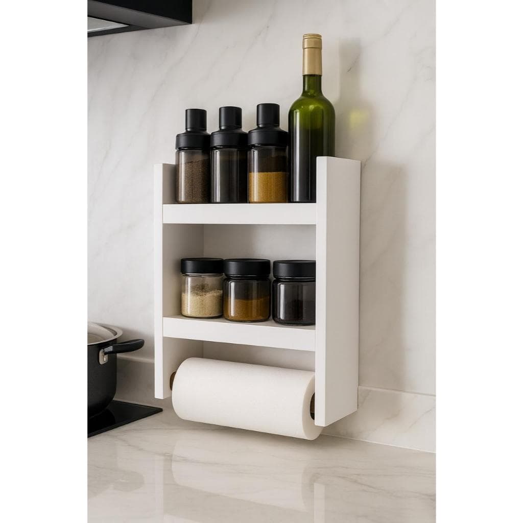 Nicho Porta Papel Toalha e Condimentos Potes Cozinha Banheiro 100% MDF BRANCO TX 15mm Tubo Metal