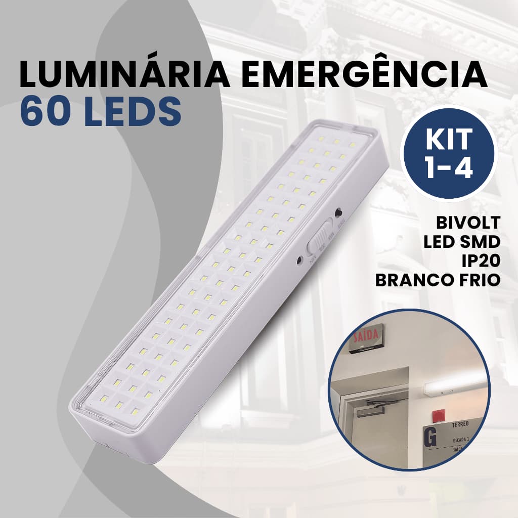 Kit Luminária de Emergência 60 leds Lâmpada Luz Branco Frio Bateria Recarregável Bivolt 110v 220v