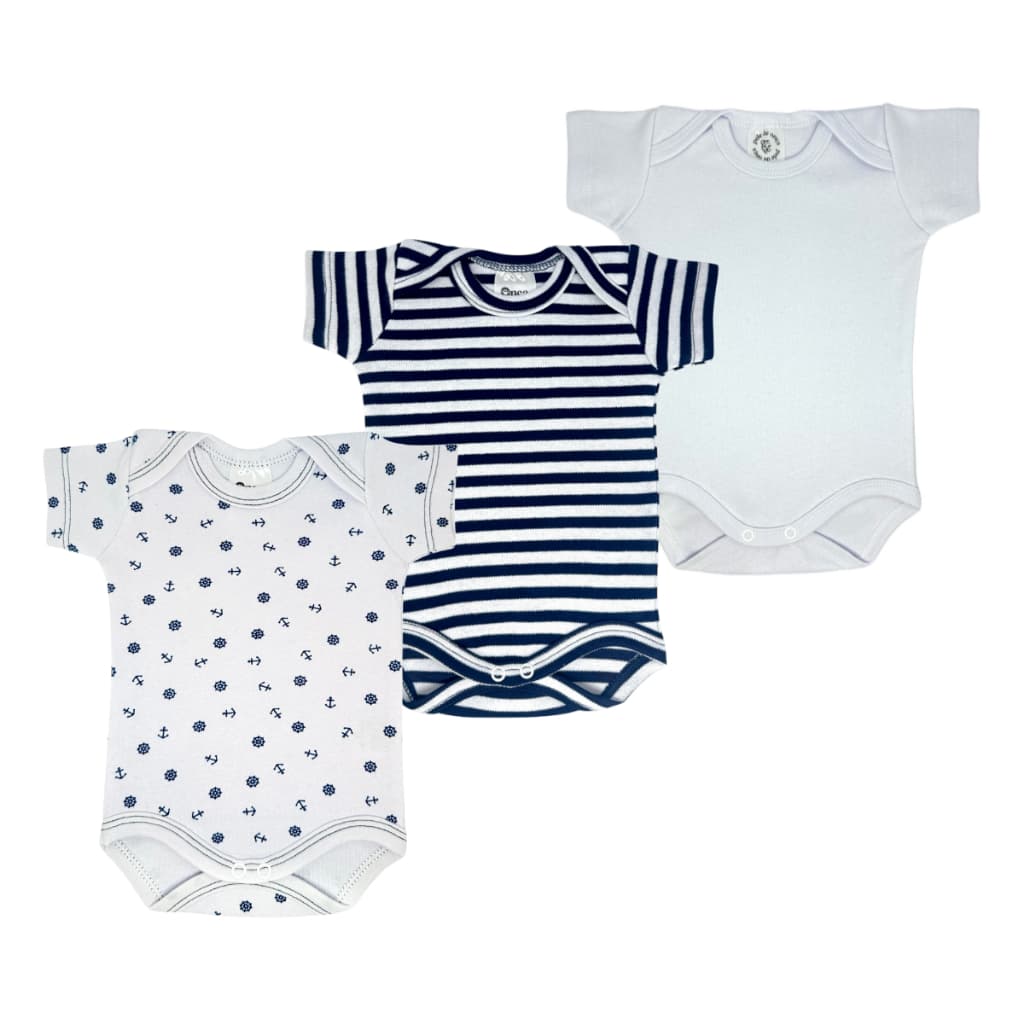 Kit Body Bebê Estampado Manga Curta Marinheiro 100% Algodão Maternidade Enxoval Menino Menina