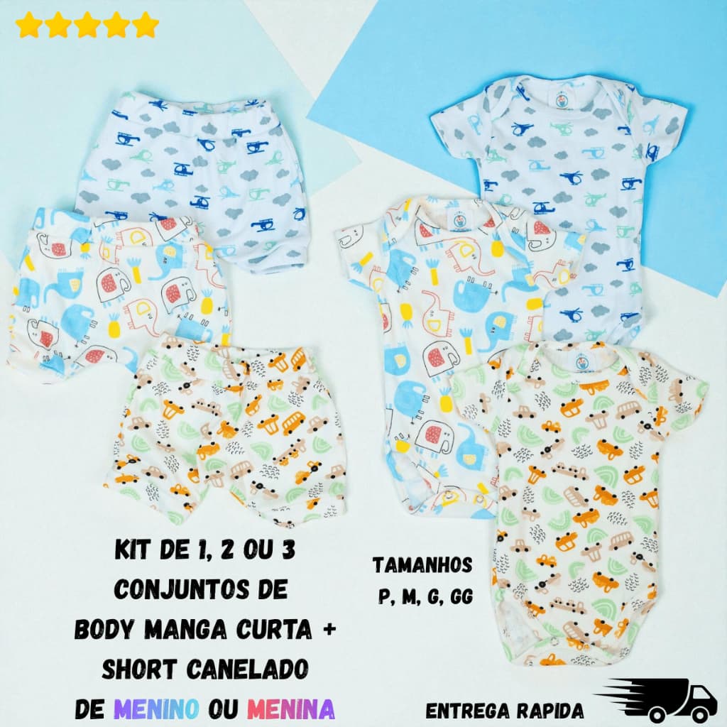 Kit Body de Bebe Manga Curta + Short Canelado Estampado Menino Menina Enxoval de Bebe de Verão