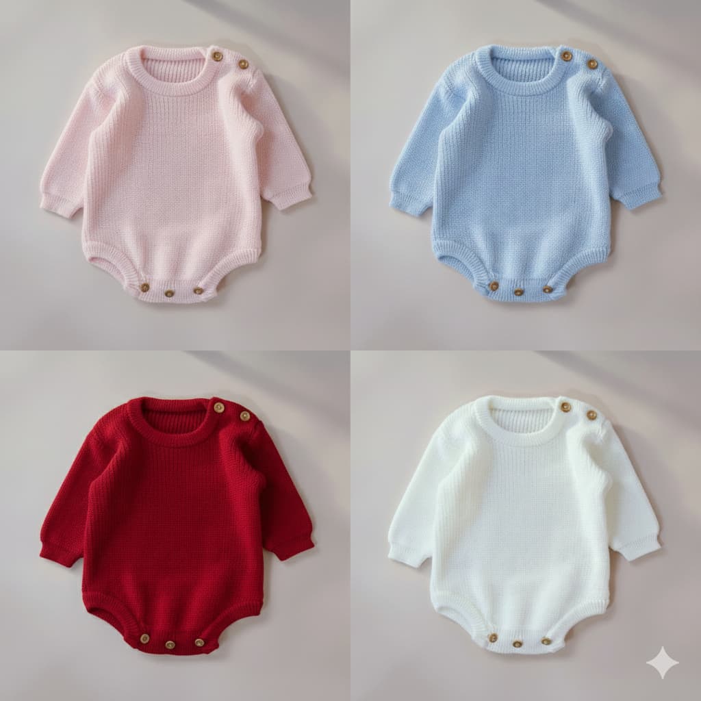 Kit 6 Bodies de Tricot Infantil Bebê Liso Poliéster - Tamanhos P M G GG - Roupa de Bebê Inverno Enxoval Unissex