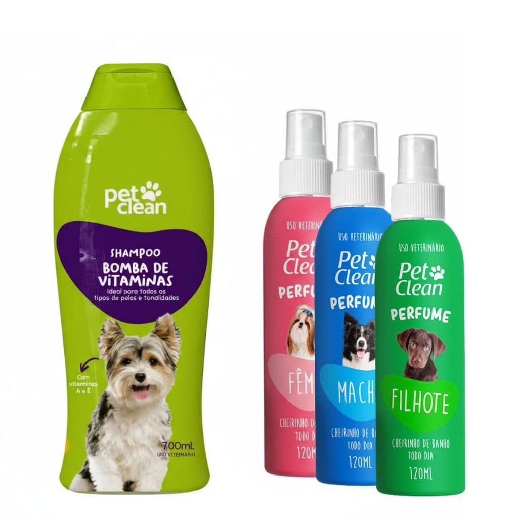 Shampoo 2 em 1 Bomba de Vitaminas 700ml e Perfume 120ml Pet Clean para Cães e Gatos