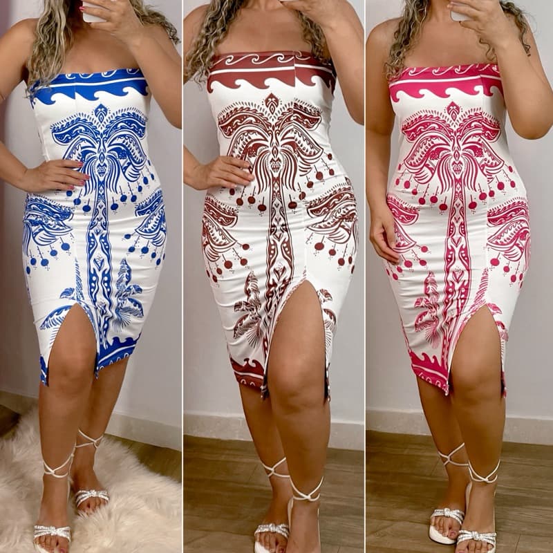 VESTIDO COQUEIRO ESTAMPA AZUL E BRANCO VERÃO VESTIDO COLADO
