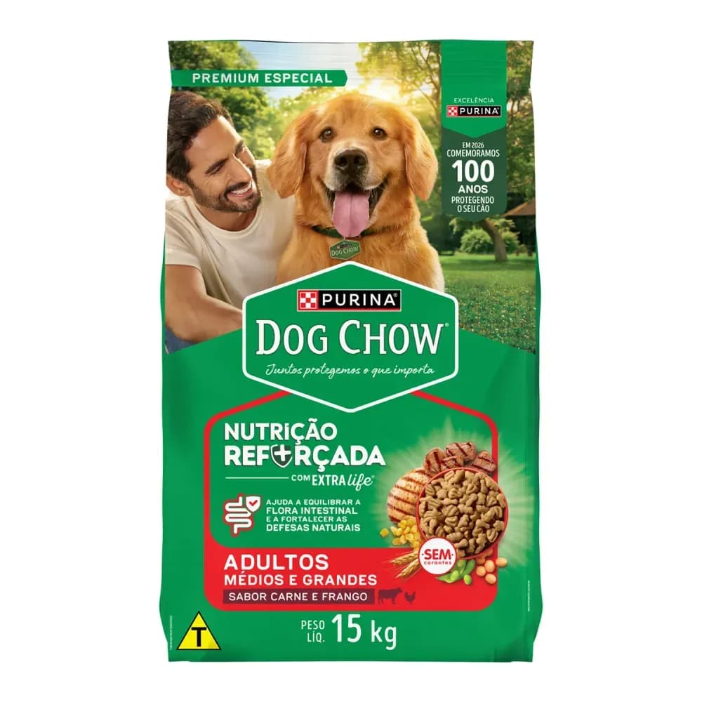 DOG CHOW RAÇÃO Cães Adultos EXTRALIFE Carne e Frango Médios e Grandes 15Kg