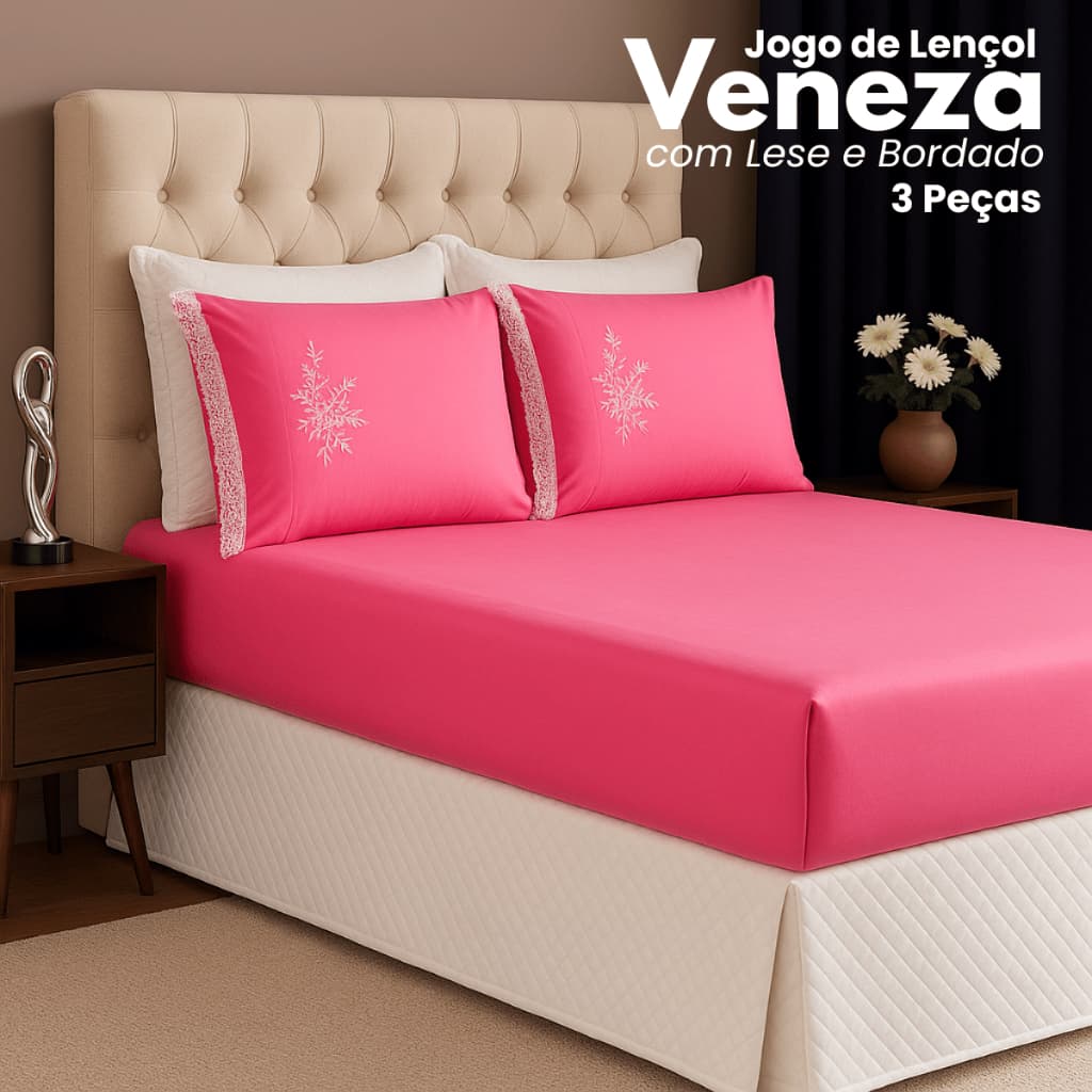 Jogo de Lençol Veneza Cama Casal Com Lese e Bordado 3 Peças para o Dia a Dia Cores
