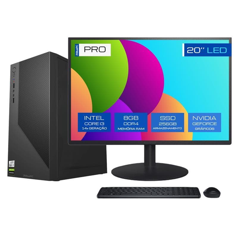 Computador Completo BluePC PRO - Intel i3 14100f, 8GB, SSD 256GB, 500W, Win 11 Pro, Monitor 20"