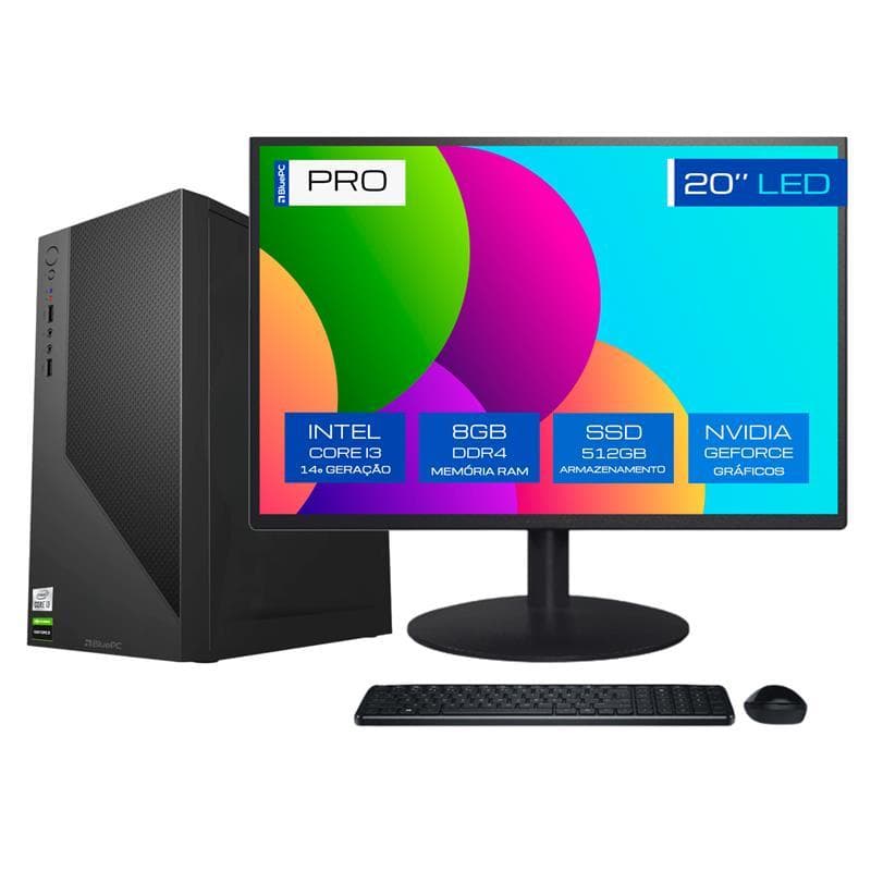 Computador Completo BluePC PRO - Intel i3 14100f, 8GB, SSD 512GB, 500W, Win 11 Pro, Monitor 20"
