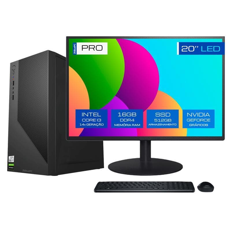 Computador Completo BluePC PRO - Intel i3 14100f, 16GB, SSD 512GB, 500W, Win 11 Pro, Monitor 20"