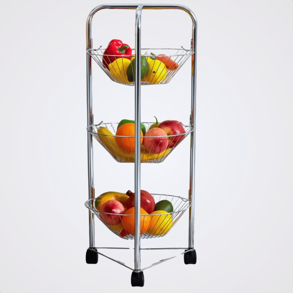 Fruteira De Chão Premium Metal Cromado Ferro Multiuso 3 Andares Organizador Empilhável Com Rodinhas