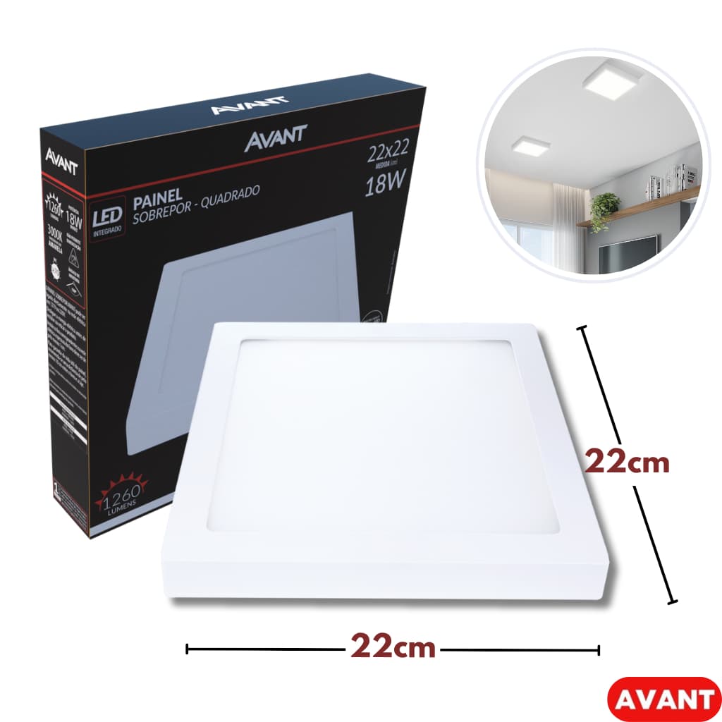 Luminária Plafon Led 18W 22x22cm Avant Quadrado Sobrepor Luz Branca 6500K Bivolt Alumínio