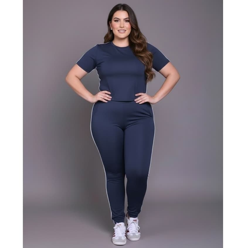 Conjunto Feminino Casual Blusa Calça em Moletinho De Algodão Premium com Listra Academia Fitness Plus Roupa Feminina