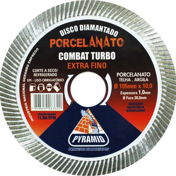 Disco de corte diamantado porcelanato Combat turbo extra fino 1mm Furo 20mm corte fino Pyramid