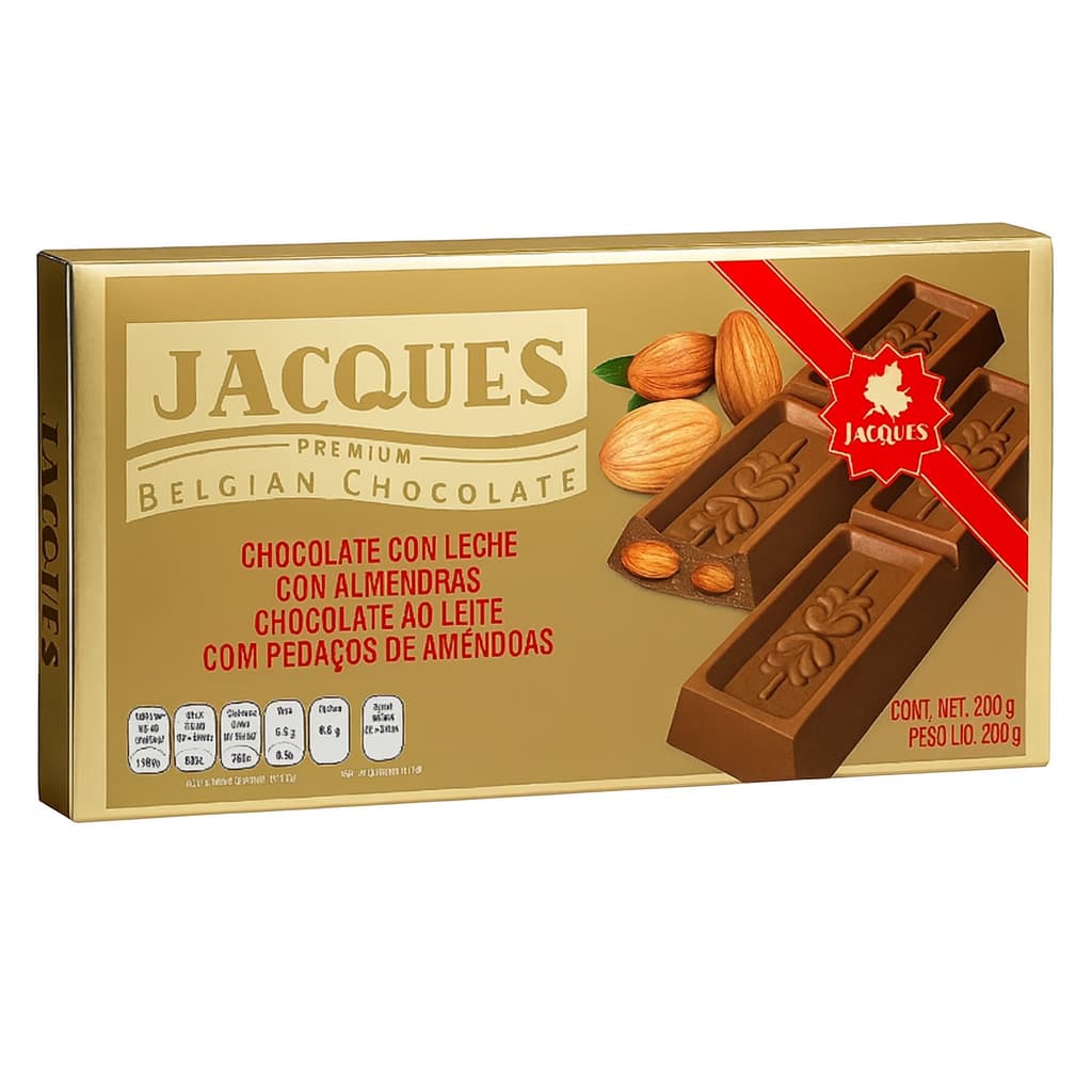 Barra de Chocolate Belga Gourmet Jacques Ao Leite com Amêndoas 200g – Importado Premium