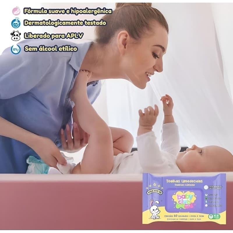 Kit 8 Lenços Toalha Umedecida Baby Club Ultra Care Premium 60 Unidades Cada Pacote