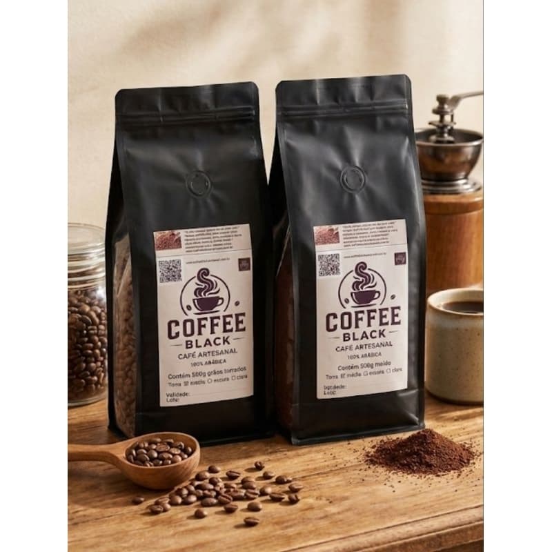 Kit Café Coffee black  artesanal 1 pacote 500g em grãos e 1 pacote 500g moído.