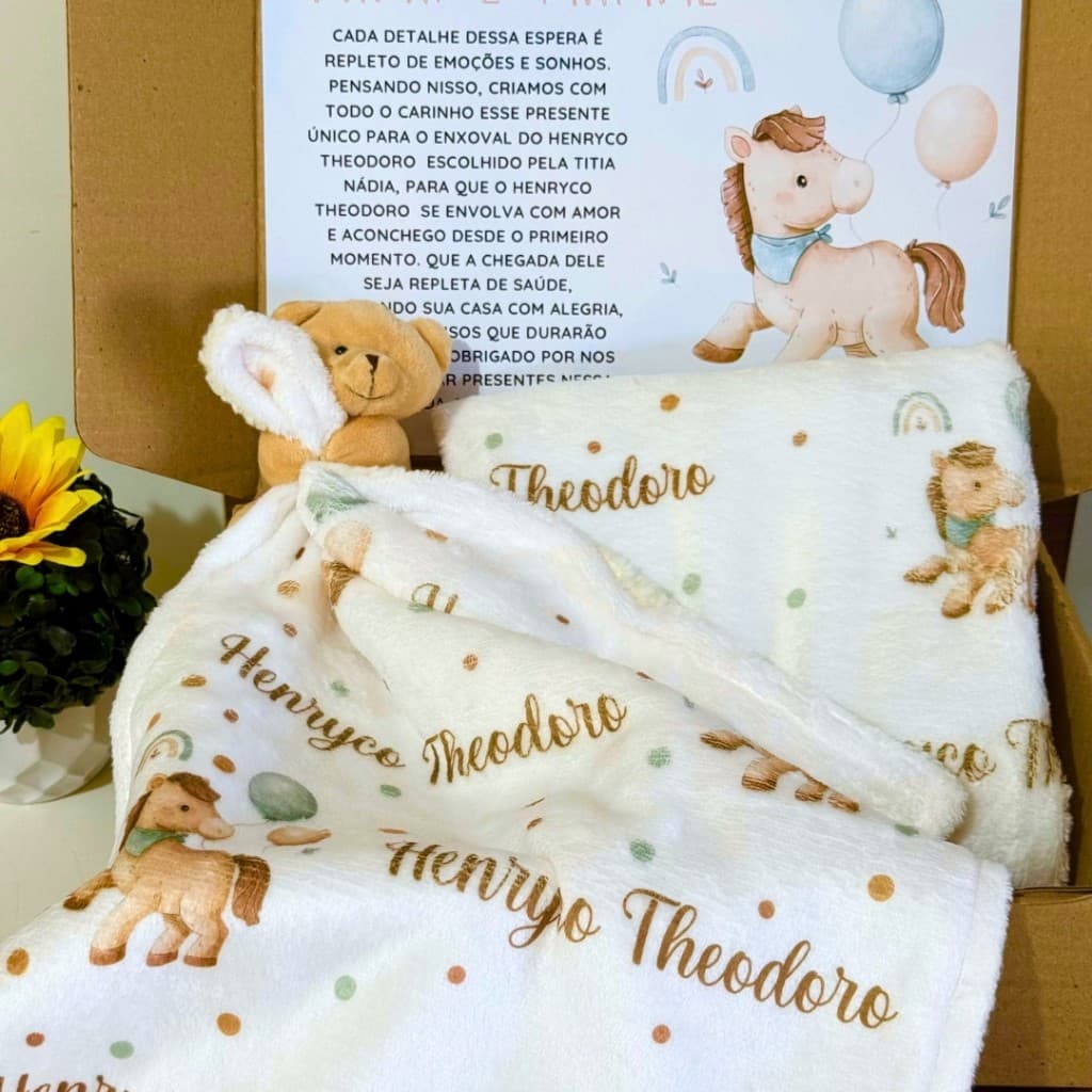 Kit Manta Naninha Personalizada Bebê Cavalinho Com Nome Enxoval - Seu Tema aqui