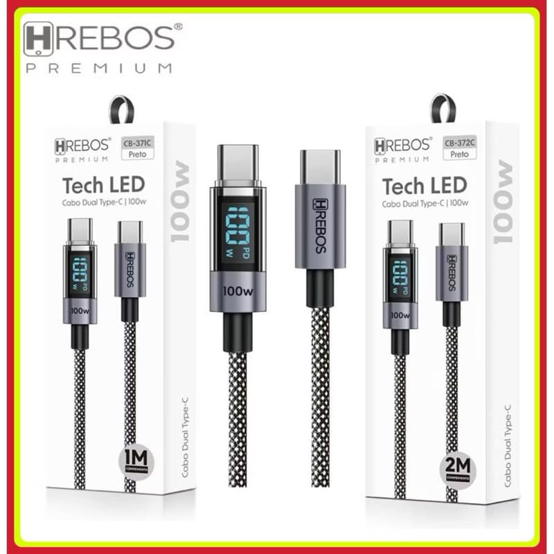 Hrebos – Cabo Tipo C Turbo 100W PD com Visor LED 1M e 2M Cb-388C | Cabo USB C Carregamento Rápido