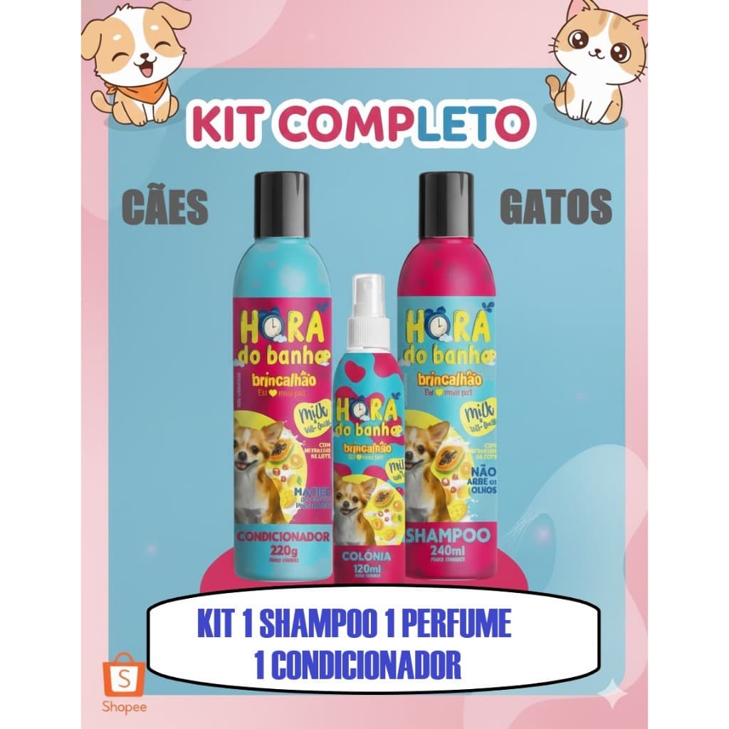 Kit Shampoo Condicionador e Perfume Para Cachorro e Gato Milk Tutty Frutti e Melancia Brincalhão