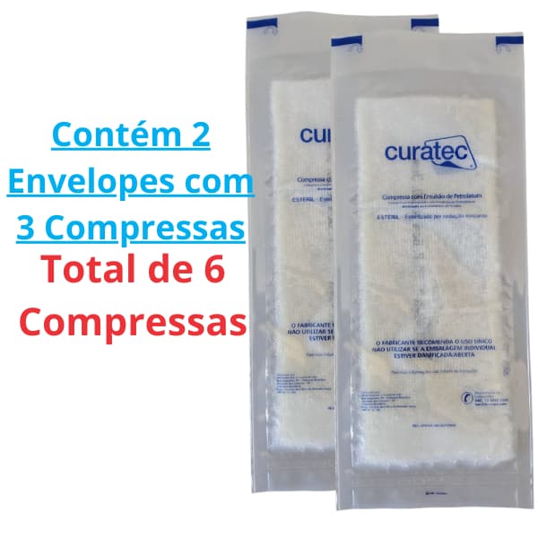 Kit 2 Envelopes Curativo Compressa Emulsão de Petrolatum 6 unidades Curatec Estéril Gaze ñ Aderente