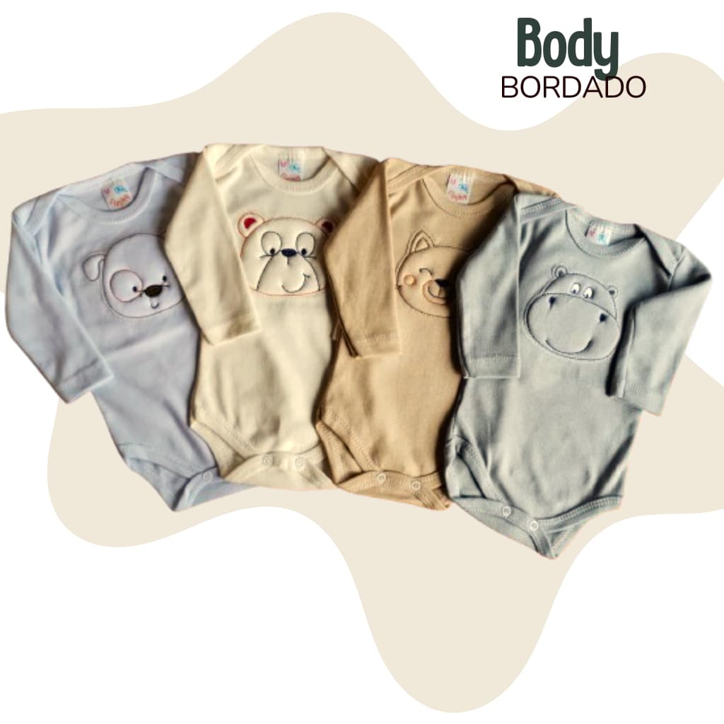 Kit 4 Peças Body De Bebe Infantil Bordado Manga Longa Menina Tecido Suedine 100% Algodão Enxoval de Bebê