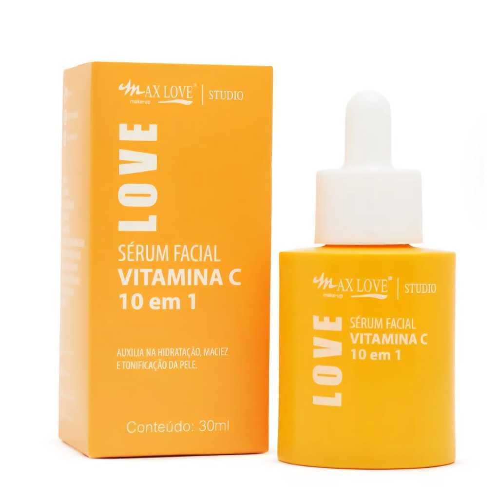 Serum Facial Vitamina C 10 em 1 Max Love com 30ml. Auxilia na hidratação maciez e tonificação da pele.