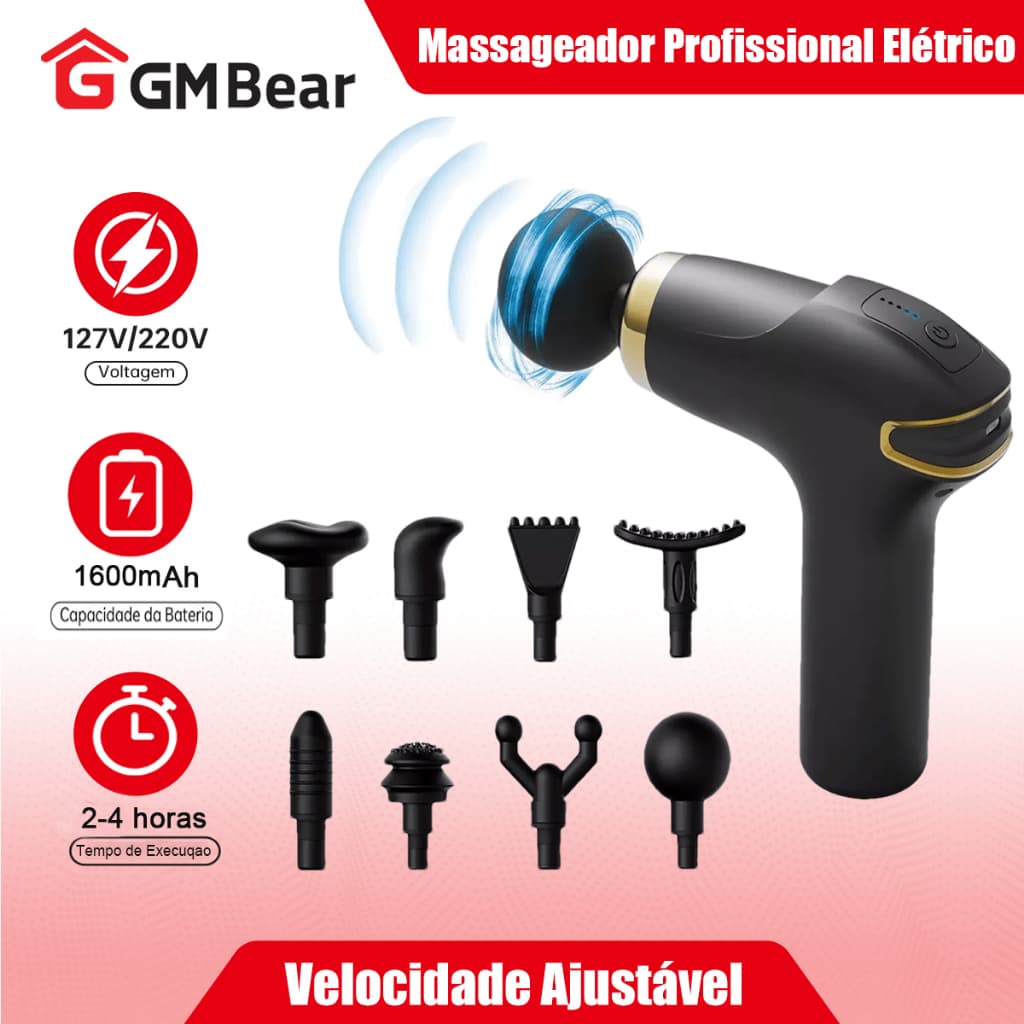 GM Bear Massageador Elétrico Profissional Muscular - Pistola de Massagem Recarregável com 6 Velocidades, Automática