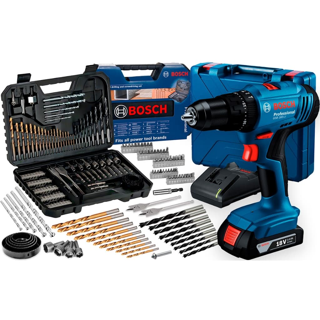 Parafusadeira E Furadeira Impacto Bateria 18v Bosch Gsb 183-li Maleta C/ Kit Brocas E Bits 103 Peças