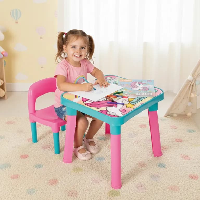 Mesinha com Cadeira Unicórnio Tampo Removível e Divisórias Infantil Menina para Criança Monte Líbano