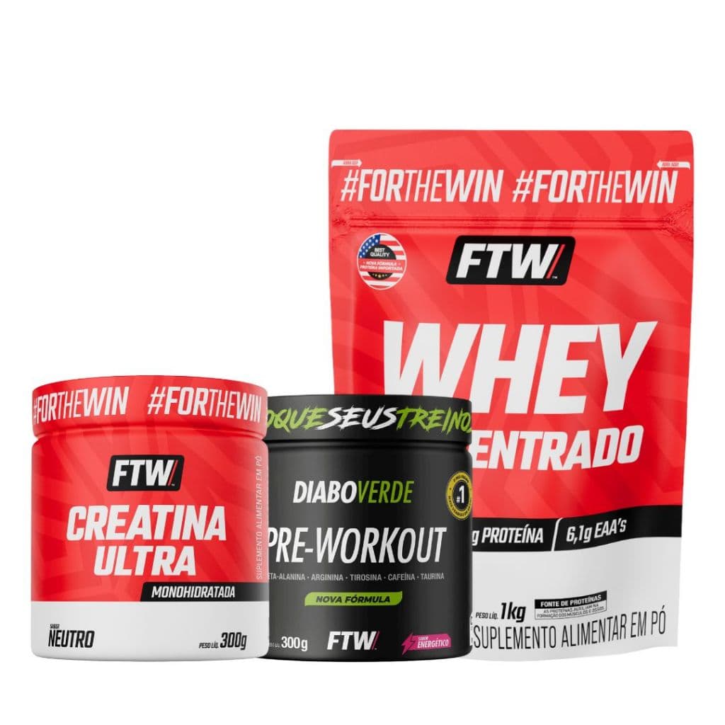Kit Whey Concentrado Refil 1kg + Creatina Ultra 300g + Pré-treino Diabo Verde 300g - FTW