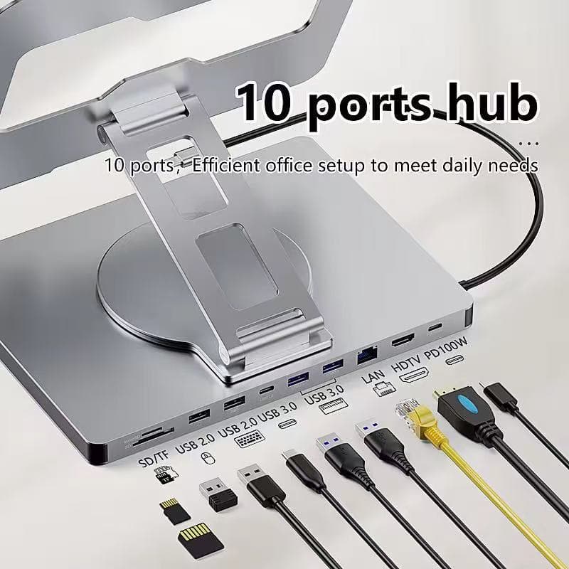 Suporte De Notebook 360° Com Hub 10 Em 1 Sd Usb Hdmi Estação De Encaixe Multifuncional 4k/60hz Para Tablet E Notebook