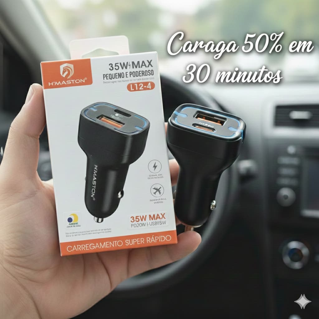 Carregador Veicular Super Rápido 35W H'MASTON USB e USB-C Homologado ANATEL