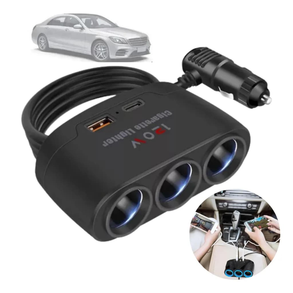 Adaptador Extensão Carregador Veicular Triplo Acendedo Carro